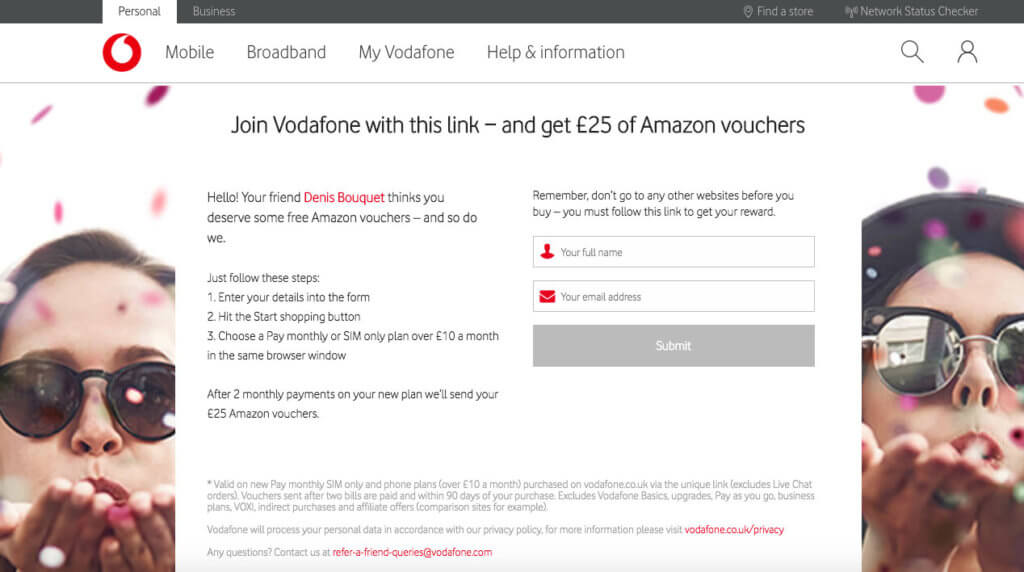 vodafone.co.uk referral invite code, £25 Amazon.co.uk Gift card voucher