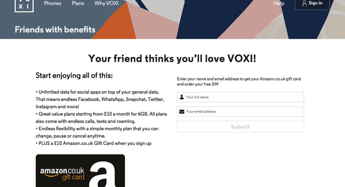 Voxi referral code - Friends with benefits £10 gift card
