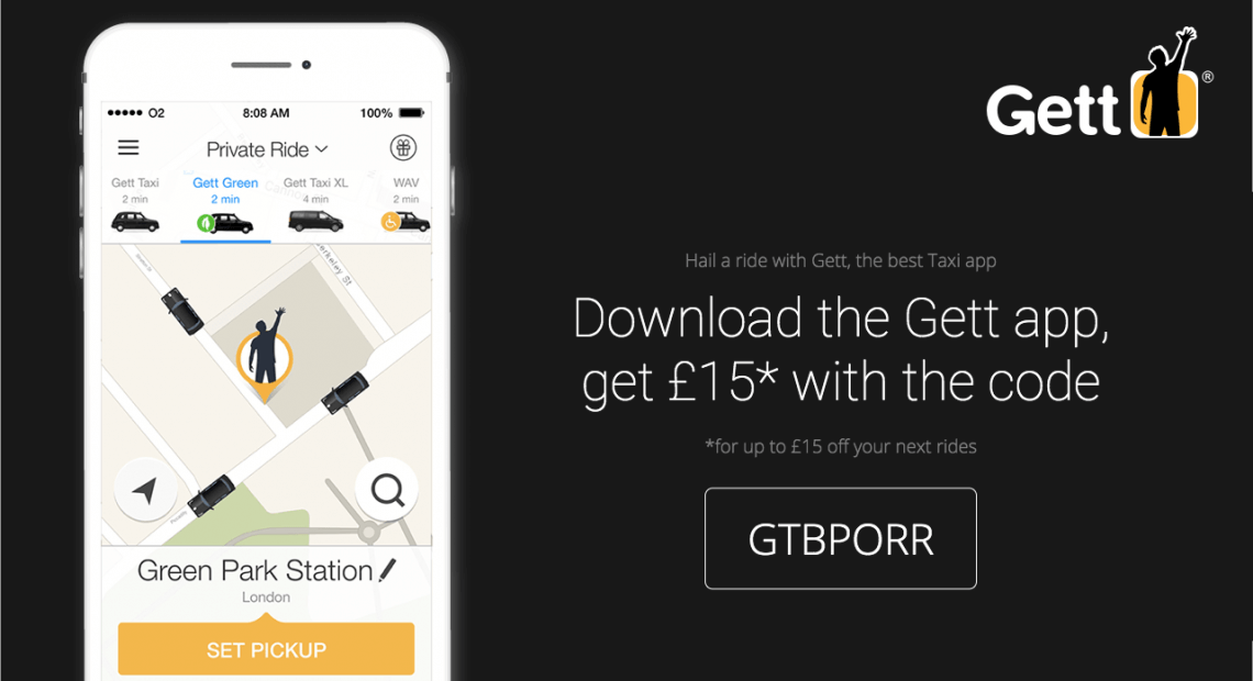 Gett Taxi app promo code GTBPORR for £15 off your next rides