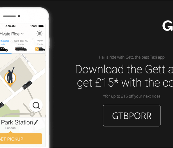 Gett Taxi app promo code GTBPORR for £15 off your next rides