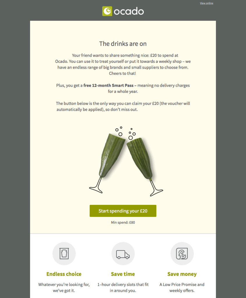 Ocado referral code by email. £20 voucher code + one year free delivery when a friend refer you
