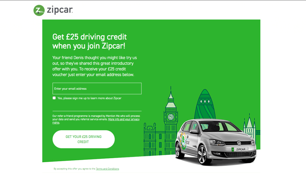 Zipcar referral code discount for 25 GBP driving credit bonus in the UK