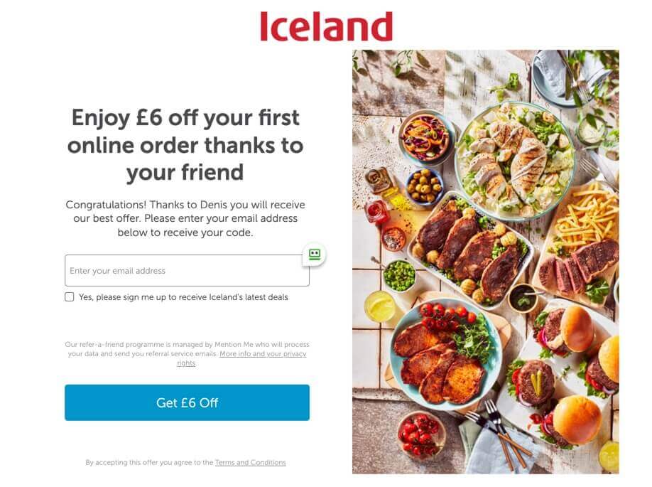 Iceland referral code discount 6 GBP off your first order with a refer a friend invite
