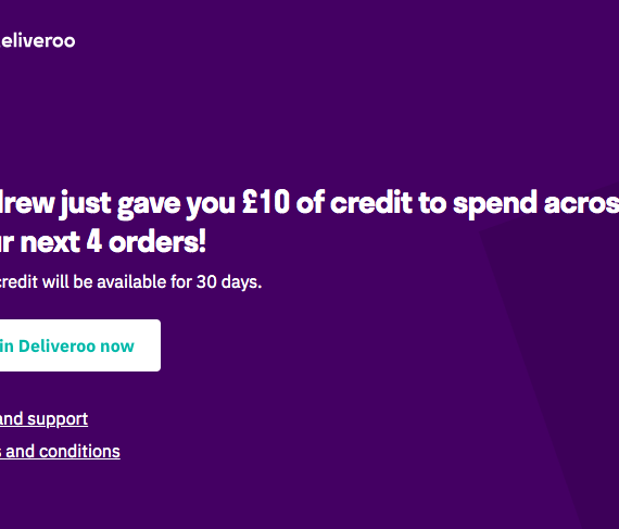 Deliveroo referral code UK - promo code for new customer, 10 GBP discount on your first 4 orders