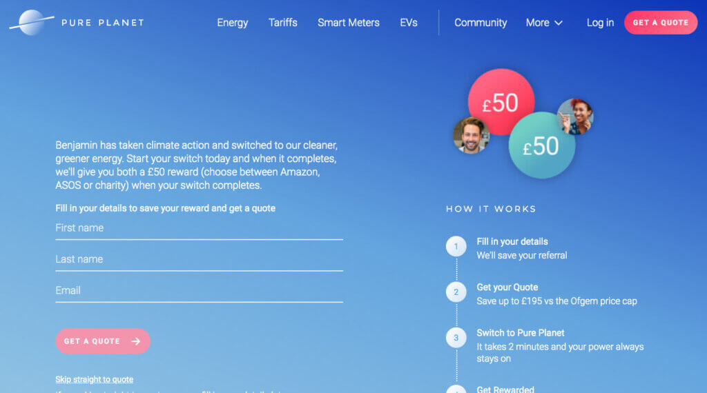 Pure Planet energy refer a friend offer, get £50 off with this Pure Planet referral code