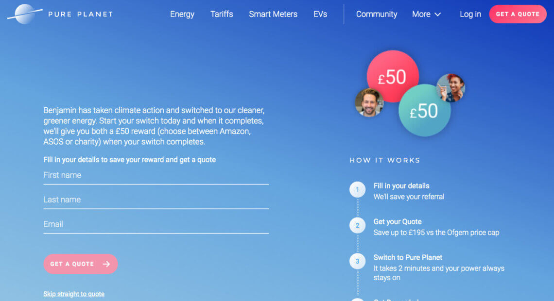 Pure Planet energy refer a friend offer, get £50 off with this Pure Planet referral code