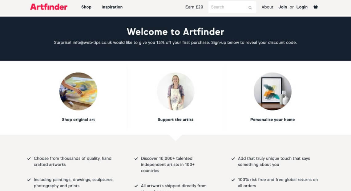 Artfinder referral code, get a discount bonus with this refer a friend link