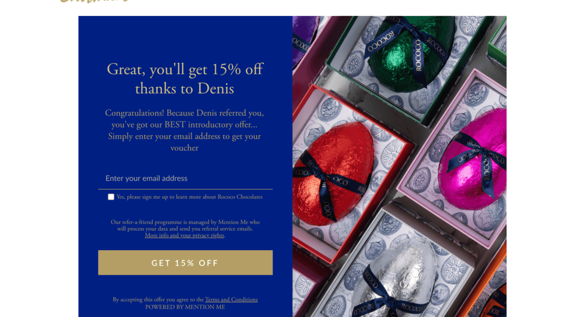 Rococo chocolates referral code discount for 15% off your first order - UK refer a friend offer