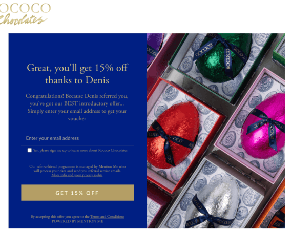 Rococo chocolates referral code discount for 15% off your first order - UK refer a friend offer