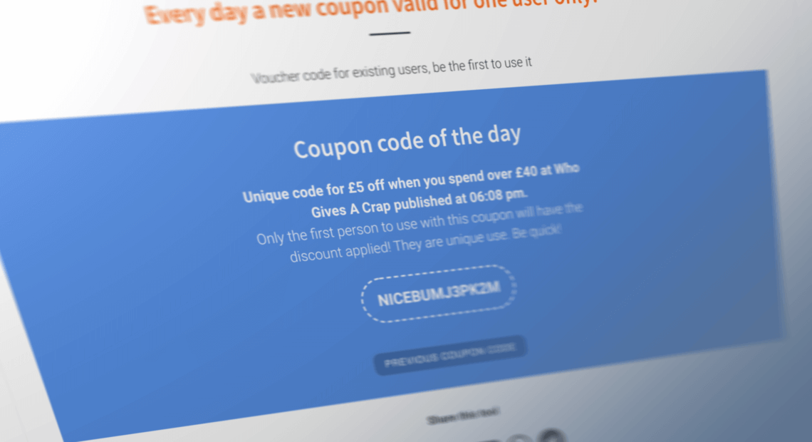 Daily coupon, a new discount code voucher published every day, visible between 6 and 7pm until 12am