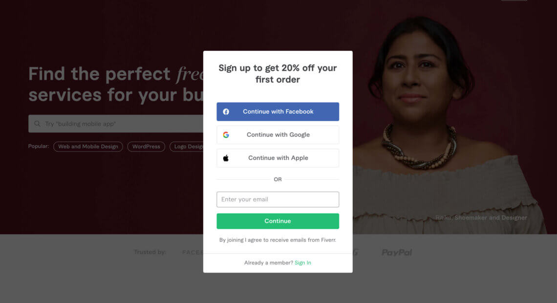 Fiverr referral invitation, 20% off your first purchase up to $100 with this sign up bonus