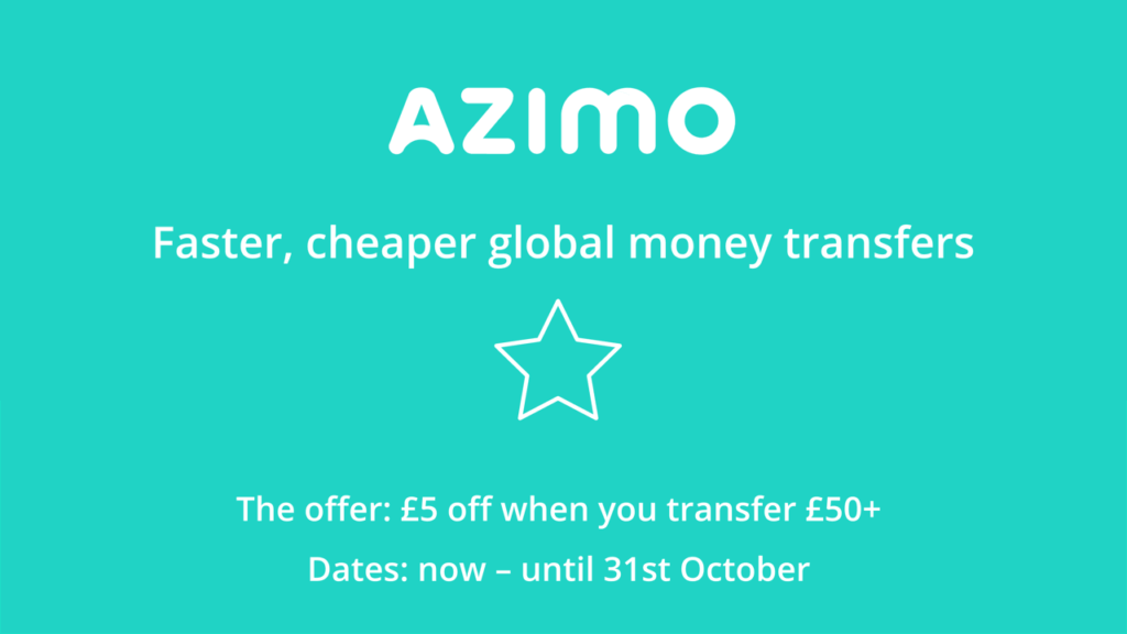 Azimo coupon code £5 off when you transfer £50+ until 31st October 2021