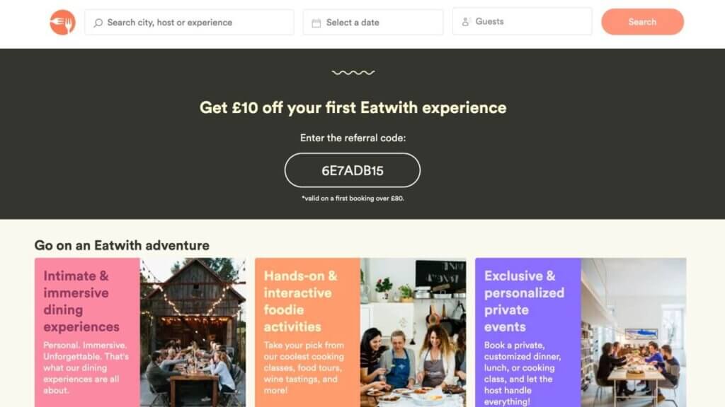 EatWith London referral code discount for £10 off