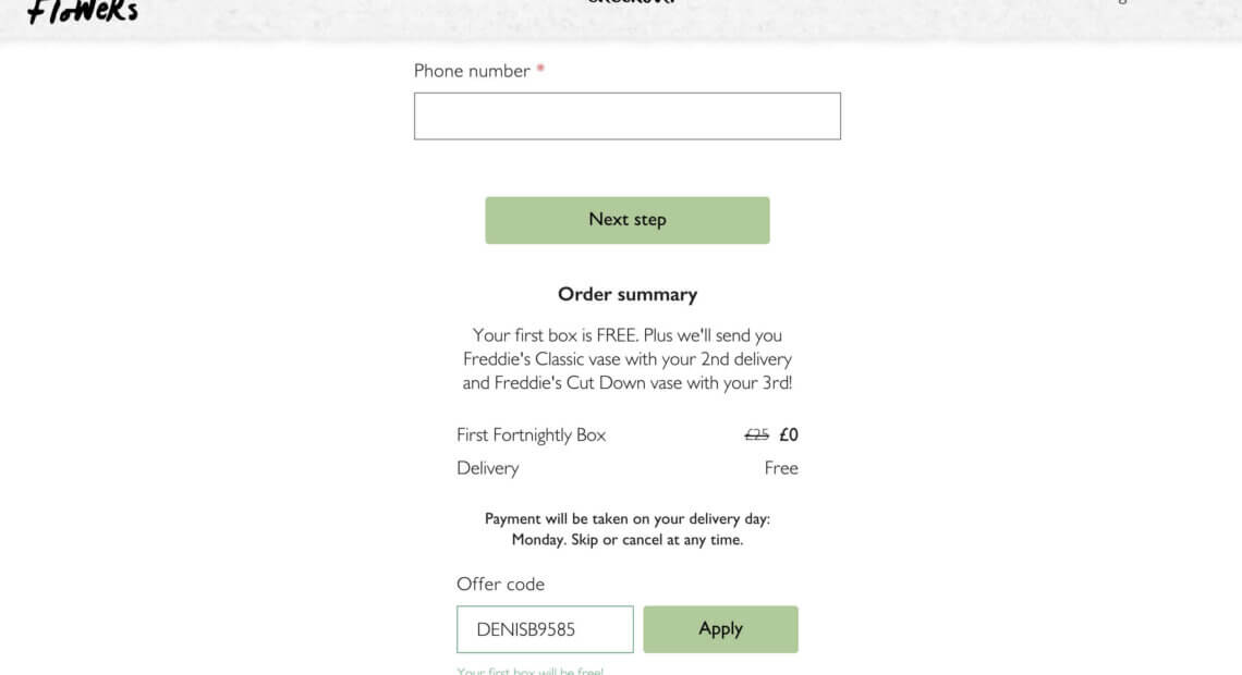 Freddies flowers referral code offer, free first box and free vase on second order - UK