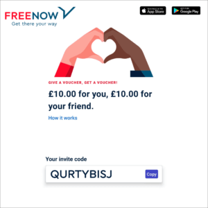 Free Now promo code 2022, 10 GBP off referral discount offer taxi app, UK cab
