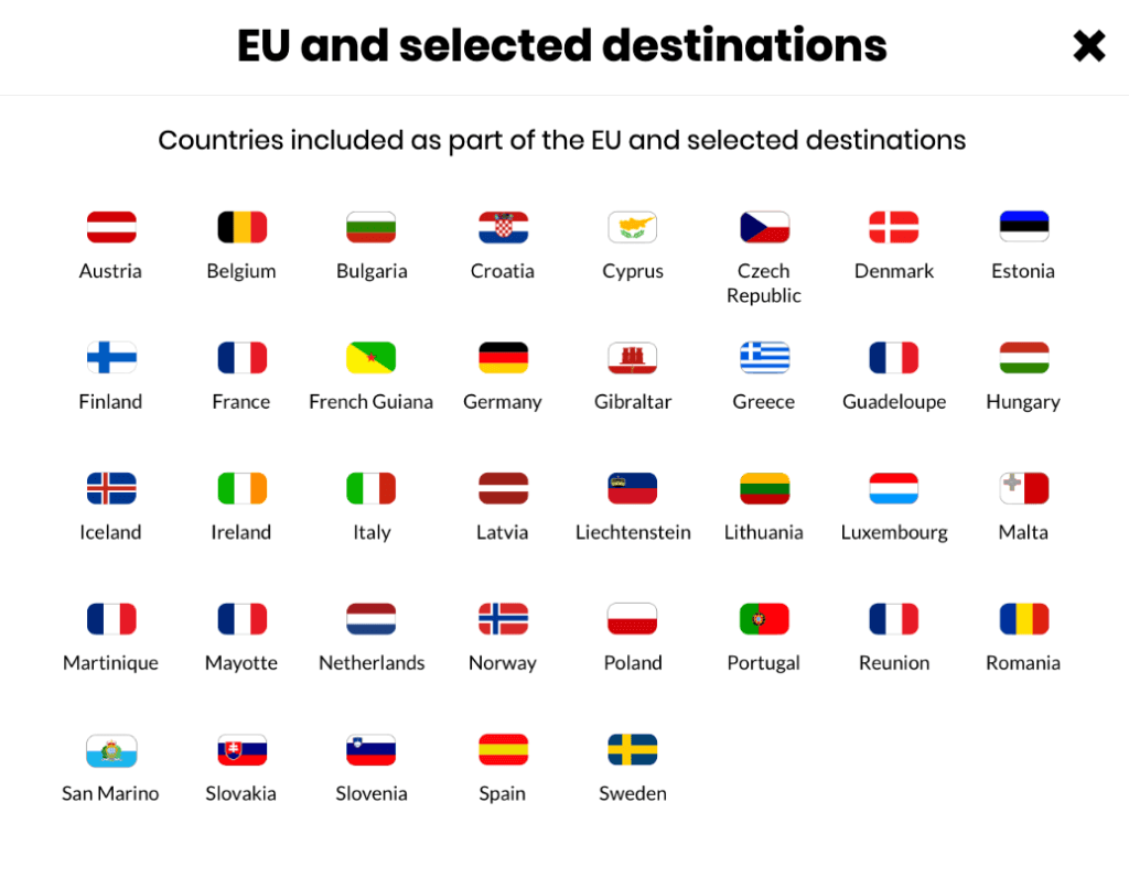 giffgaff Countries included as part of the EU and selected destinations
