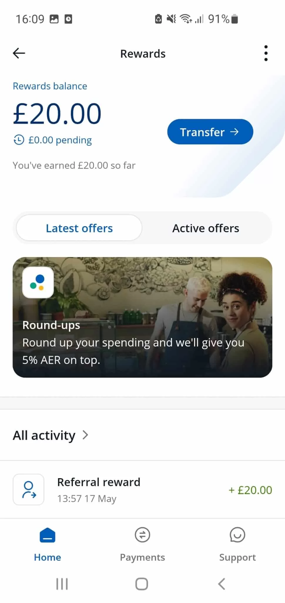 Chase referral reward: 20 GBP added to your account when you use a referral code