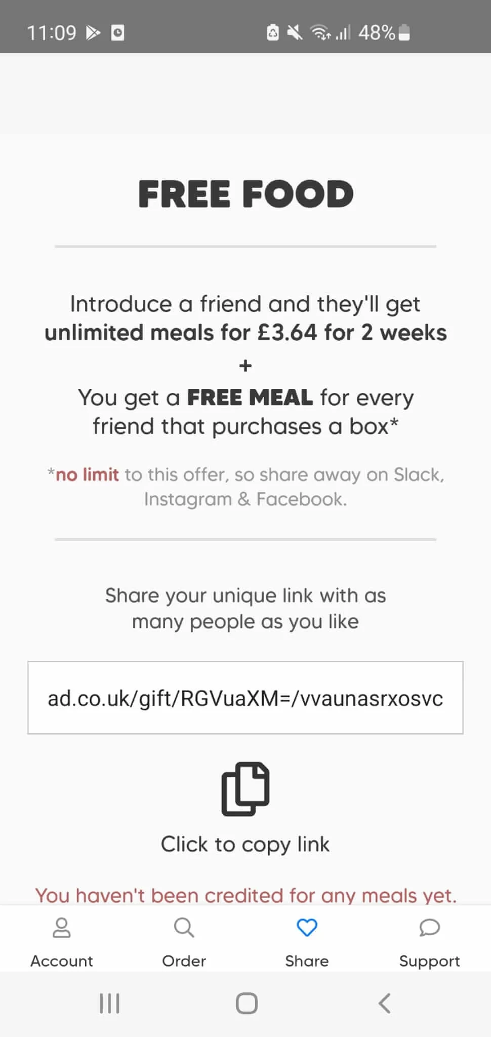 DAD food app refer a friend invitation, give 25% off for 2 weeks, get a free meal