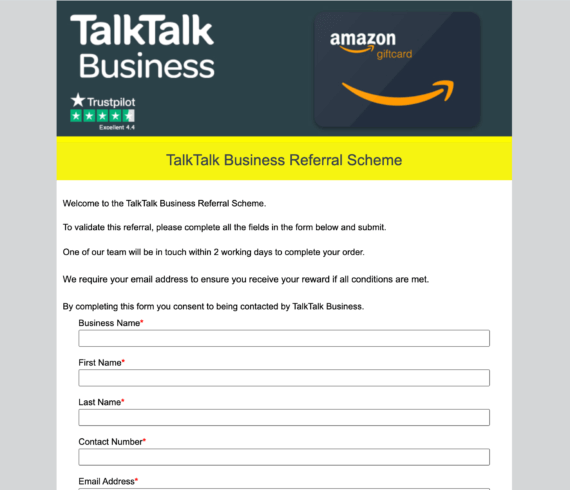 TalkTalk Business referral scheme, receive up to £200 in Amazon vouchers!