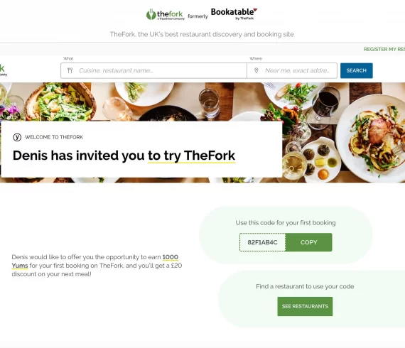 thefork referral code discount for £20 off your first booking with this sign-up bonus - The Fork invitation