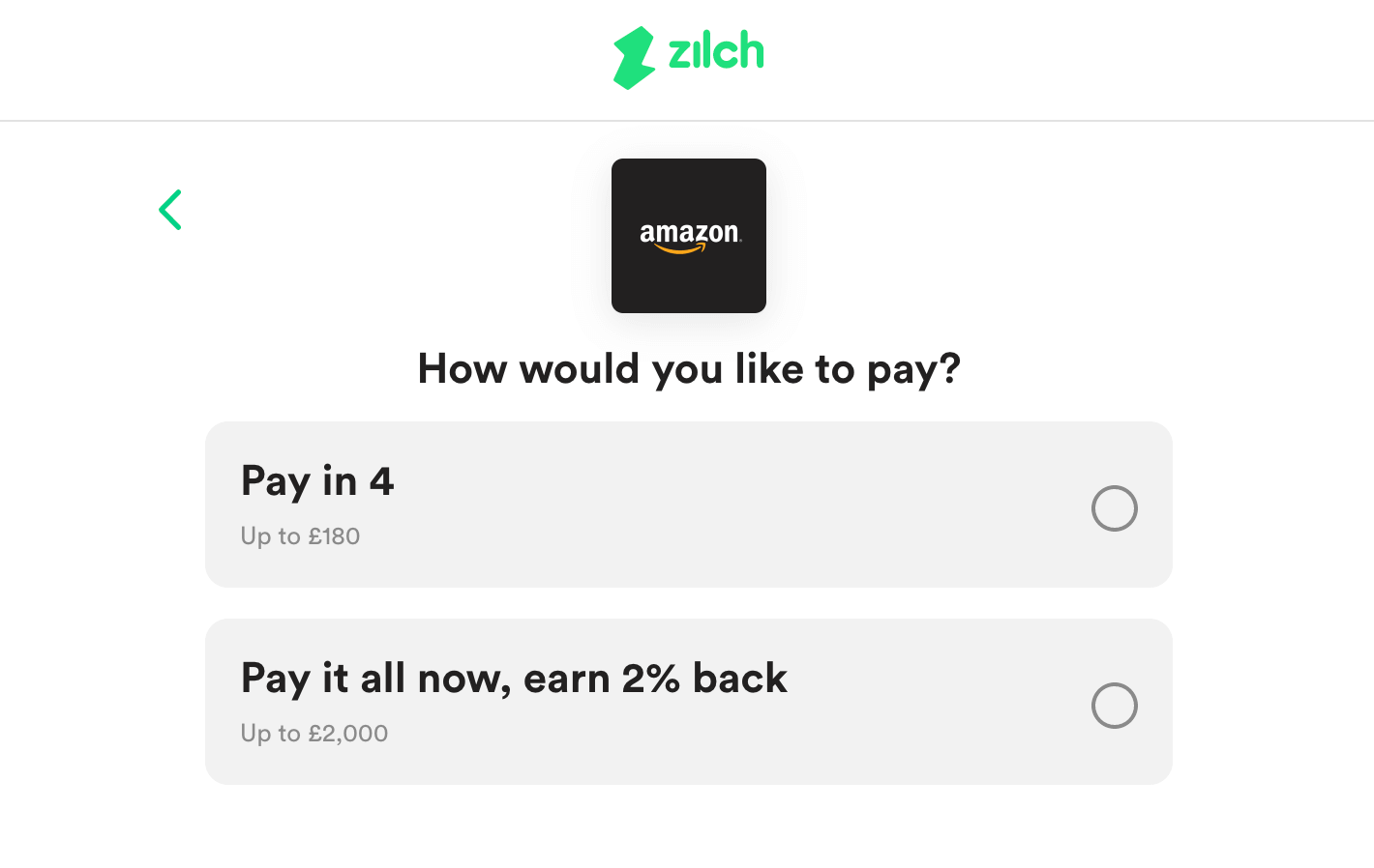 Amazon cashback when you pay in one time with Zilch